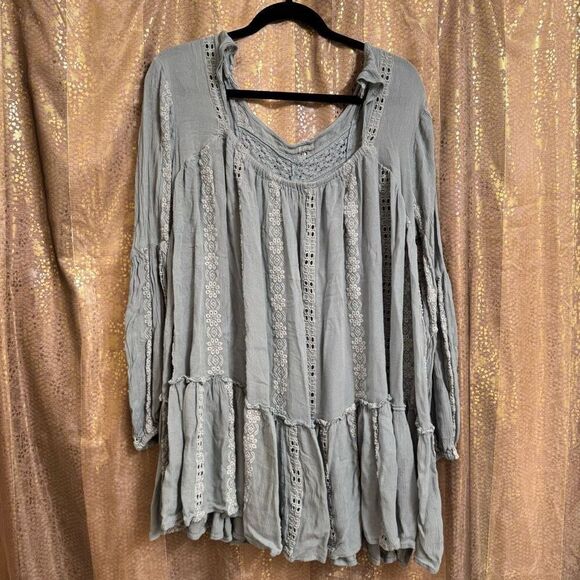 Free People Kiss Kiss Light Teal Boho Tunic Flowy Eyelet Dress Large - Picture 2 of 10
